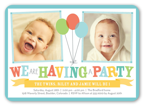 Bright Balloons Twin Birthday Invitation, Blue, 100% Recycled Cardstock , Rounded, Boardwalk
