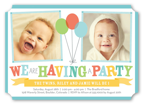 Bright Balloons Twin Birthday Invitation, Blue, Pearl Shimmer Cardstock, Ticket