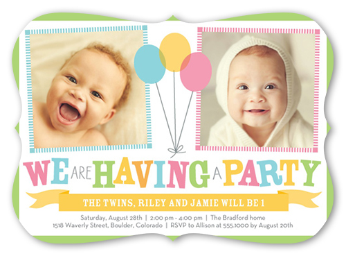 Bright Balloons Twin Birthday Invitation, Green, Pearl Shimmer Cardstock, Bracket