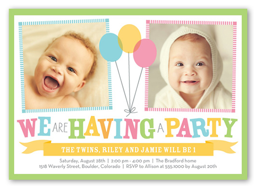Bright Balloons Twin Birthday Invitation, Green, Standard Smooth Cardstock, Square