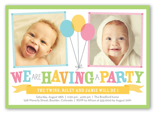 Bright Balloons Twin Birthday Invitation, Green, Pearl Shimmer Cardstock, Square