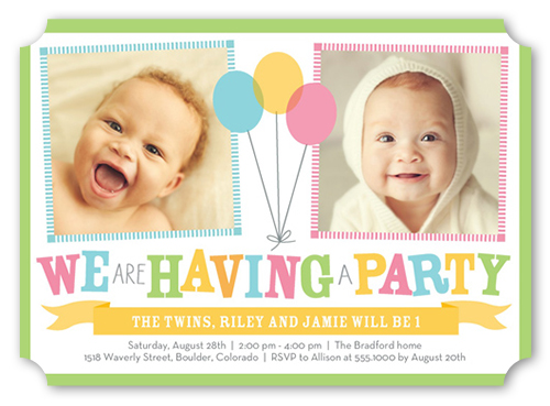 Bright Balloons Twin Birthday Invitation, Green, Pearl Shimmer Cardstock, Ticket