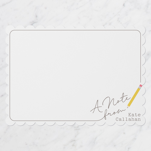 Penciled Note Personal Stationery, White, 5x7 Flat, Pearl Shimmer Cardstock, Scallop