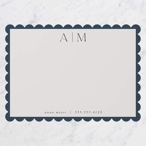 Well Made Monogram Personal Stationery, Blue, 5x7 Flat, Pearl Shimmer Cardstock, Scallop