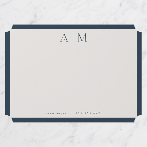 Well Made Monogram Personal Stationery, Blue, 5x7 Flat, Pearl Shimmer Cardstock, Ticket