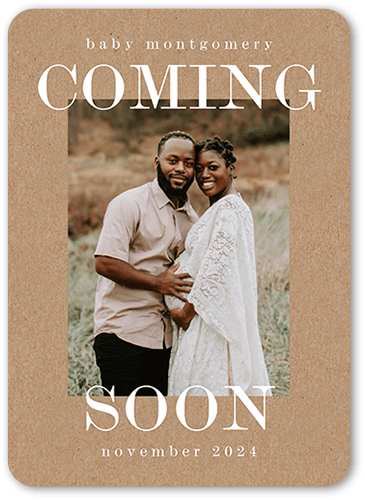 Coming Before Long Pregnancy Announcement, Beige, 5x7 Flat, Write Your Own Greeting, Pearl Shimmer Cardstock, Rounded