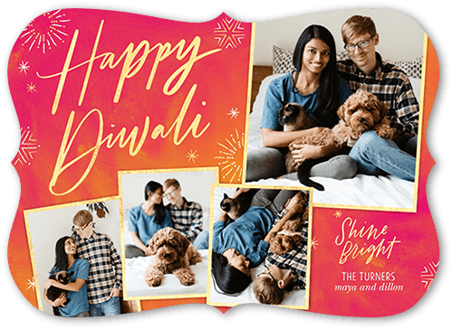 Brilliant Fireworks Diwali Card, Pink, 5x7 Flat, 100% Recycled Cardstock , Bracket