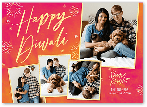 Brilliant Fireworks Diwali Card, Pink, 5x7 Flat, 100% Recycled Cardstock , Square, Flamingo