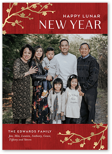 Blossoms Corner Lunar New Year Card, Red, 5x7 Flat, Luxe Double-Thick Cardstock, Square