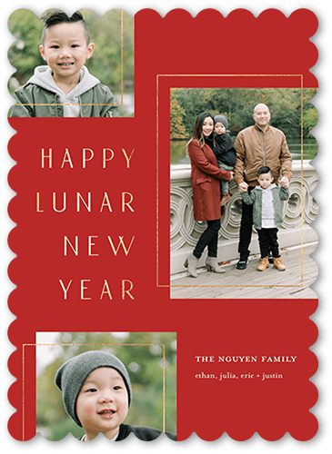 Minimal Frames Lunar New Year Card, Red, 5x7 Flat, Pearl Shimmer Cardstock, Scallop
