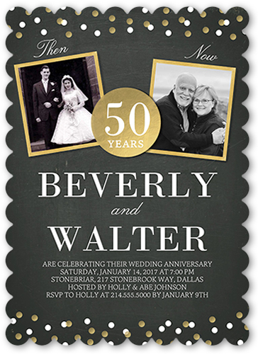Then And Now Dots Wedding Anniversary Invitation, Black, White, Pearl Shimmer Cardstock, Scallop