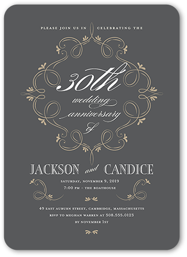 Scintillating Swirls Wedding Anniversary Invitation, Grey, 5x7 Flat, Pearl Shimmer Cardstock, Rounded