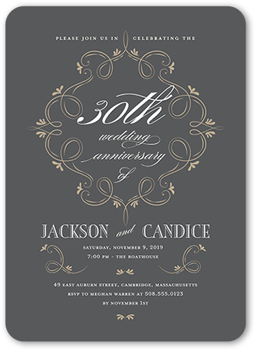 Scintillating Swirls Wedding Anniversary Invitation, Grey, 5x7 Flat, Standard Smooth Cardstock, Rounded