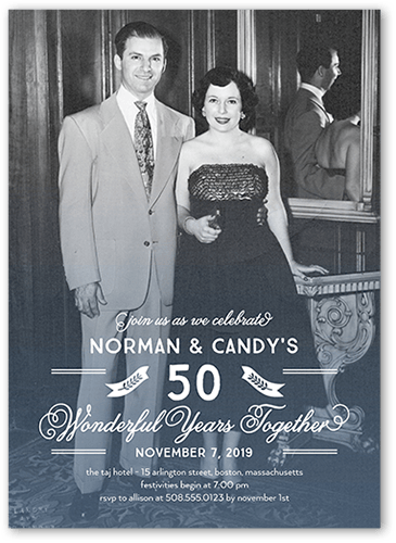 Wondrous Years Wedding Anniversary Invitation, Blue, 5x7 Flat, Pearl Shimmer Cardstock, Square, Deep Blue