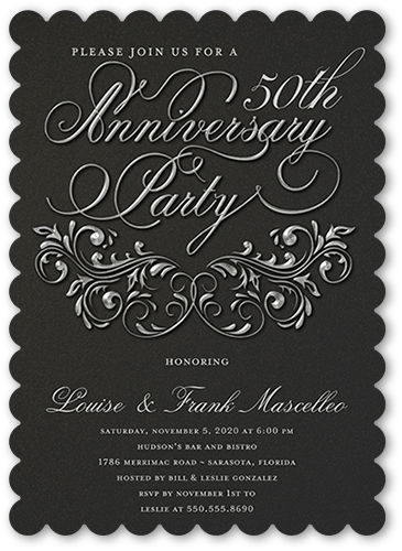 Filigree Love Wedding Anniversary Invitation, Grey, 5x7, Pearl Shimmer Cardstock, Scallop