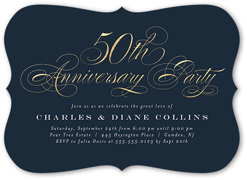 Fancy Fifty Wedding Anniversary Invitation, Blue, 5x7 Flat, Pearl Shimmer Cardstock, Bracket