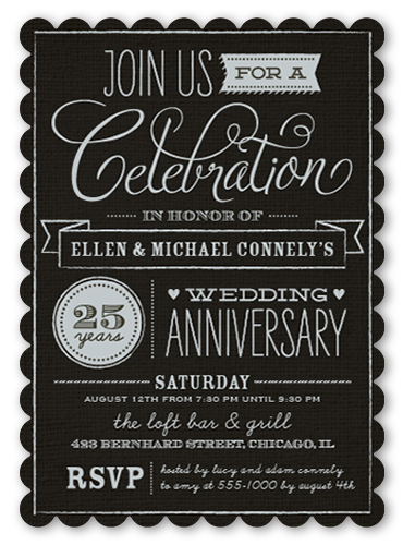 Wonderful Years Wedding Anniversary Invitation, Black, Pearl Shimmer Cardstock, Scallop