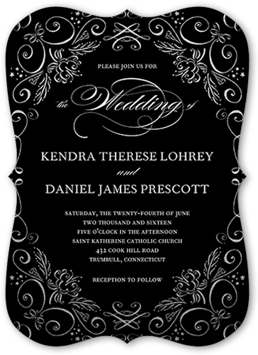 Whimsical Scrolls Wedding Invitation, Black, Pearl Shimmer Cardstock, Bracket