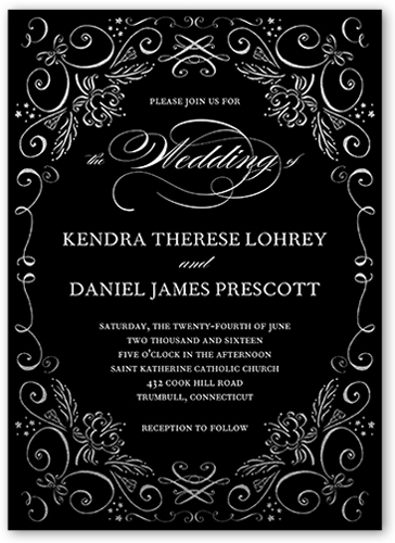 Whimsical Scrolls Wedding Invitation, Black, Standard Smooth Cardstock, Square
