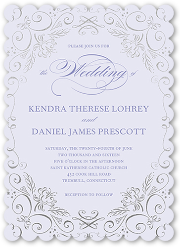 Whimsical Scrolls Wedding Invitation, Purple, Pearl Shimmer Cardstock, Scallop