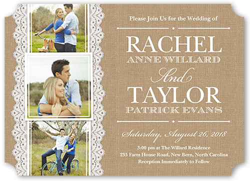 Burlap And Lace Wedding Invitation, Beige, Pearl Shimmer Cardstock, Ticket