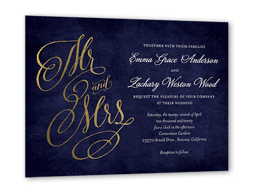 Spectacular Swirls Wedding Invitation, Gold Foil, Blue, 5x7, Luxe Double-Thick Cardstock, Square