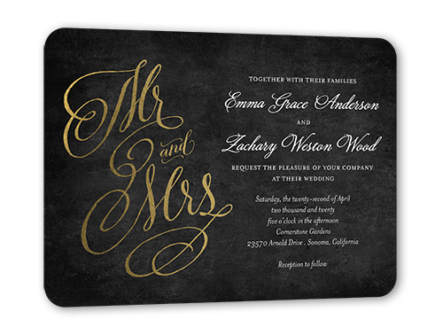 Spectacular Swirls Wedding Invitation, Black, Gold Foil, 5x7 Flat, Matte, Signature Smooth Cardstock, Rounded, White