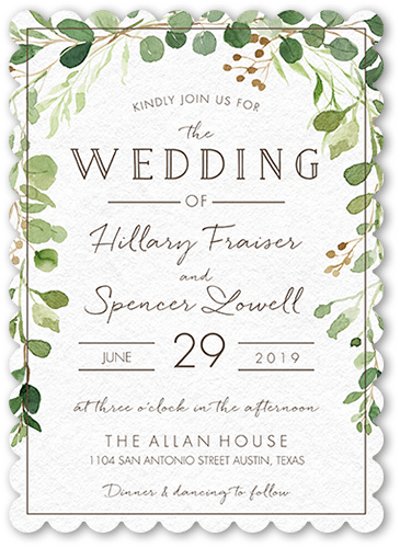 Botanical Union Wedding Invitation, Beige, 5x7 Flat, Pearl Shimmer Cardstock, Scallop