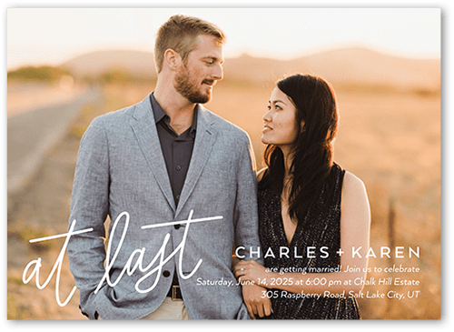 At Last Script Wedding Invitation, White, 5x7 Flat, Standard Smooth Cardstock, Square, White