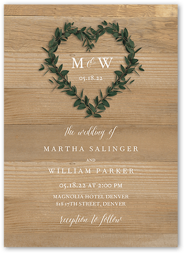 Heart Wreath Wedding Invitation, Beige, 5x7 Flat, Luxe Double-Thick Cardstock, Square
