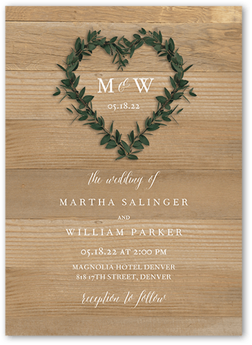 Heart Wreath Wedding Invitation, Beige, 5x7 Flat, Matte, Signature Smooth Cardstock, Square