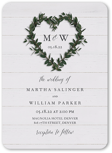 Heart Wreath Wedding Invitation, White, 5x7 Flat, Matte, Signature Smooth Cardstock, Rounded