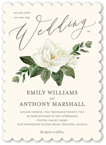 Painted Flower Wedding Invitation, Beige, 5x7, Pearl Shimmer Cardstock, Scallop