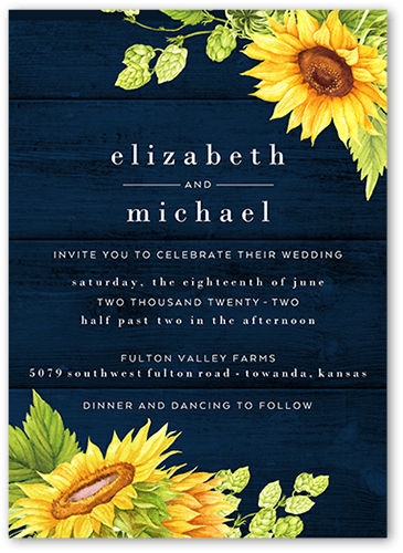 Bright Sunflower Wedding Invitation, Blue, 5x7 Flat, 100% Recycled Cardstock , Square