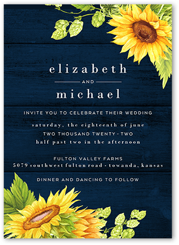 Bright Sunflower Wedding Invitation, Blue, 5x7 Flat, Pearl Shimmer Cardstock, Square