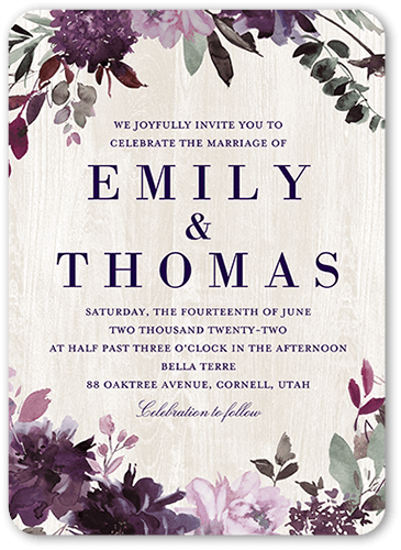 Muted Floral Wedding Invitation, Purple, 5x7 Flat, Standard Smooth Cardstock, Rounded