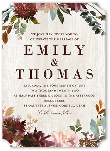 Muted Floral Wedding Invitation, Red, 5x7, Pearl Shimmer Cardstock, Ticket
