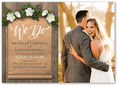 Rustic Scroll Wedding Invitation, Brown, 5x7 Flat, Pearl Shimmer Cardstock, Square