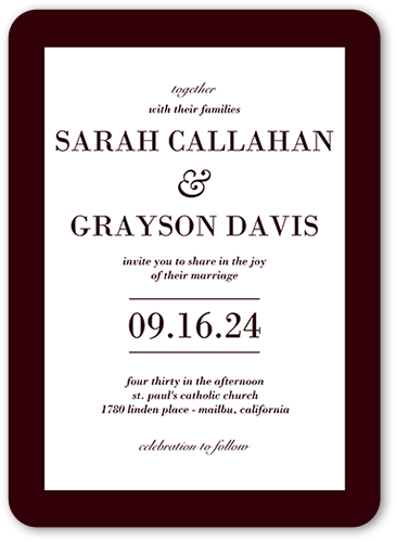 Purely Classic Wedding Invitation, Red, 5x7 Flat, Matte, Signature Smooth Cardstock, Rounded
