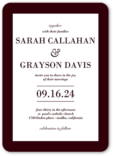 Purely Classic Wedding Invitation, Red, 5x7 Flat, Pearl Shimmer Cardstock, Rounded, Garnet