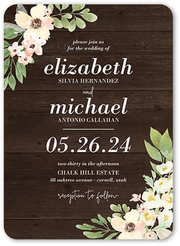 Old Fashioned Floral Wedding Invitation, Brown, 5x7, Pearl Shimmer Cardstock, Rounded