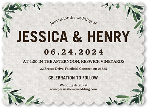 Textured Greenery Wedding Invitation, Gray, 5x7 Flat, Pearl Shimmer Cardstock, Scallop