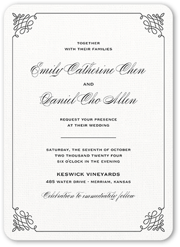 Fancy Linen Wedding Invitation, White, 5x7 Flat, Standard Smooth Cardstock, Rounded