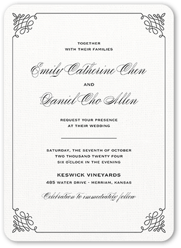 Fancy Linen Wedding Invitation, White, 5x7 Flat, Pearl Shimmer Cardstock, Rounded, White