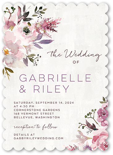 Painted Promise Wedding Invitation, Purple, 5x7 Flat, Pearl Shimmer Cardstock, Scallop