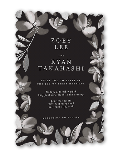 Whispy Florals Wedding Invitation, Grey, Silver Foil, 5x7, Pearl Shimmer Cardstock, Scallop