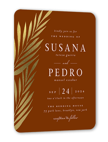 Brilliant Pampas Wedding Invitation, Brown, Gold Foil, 5x7, Pearl Shimmer Cardstock, Rounded