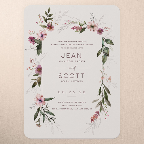 Delicate Perennials Wedding Invitation, Purple, 5x7 Flat, 100% Recycled Cardstock , Rounded