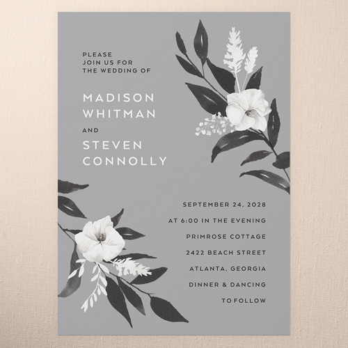 Evening Flower Wedding Invitation, Grey, 5x7 Flat, Pearl Shimmer Cardstock, Square, Iron