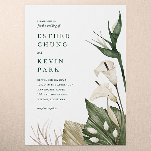 Tropical Flora Wedding Invitation, White, 5x7 Flat, Pearl Shimmer Cardstock, Square